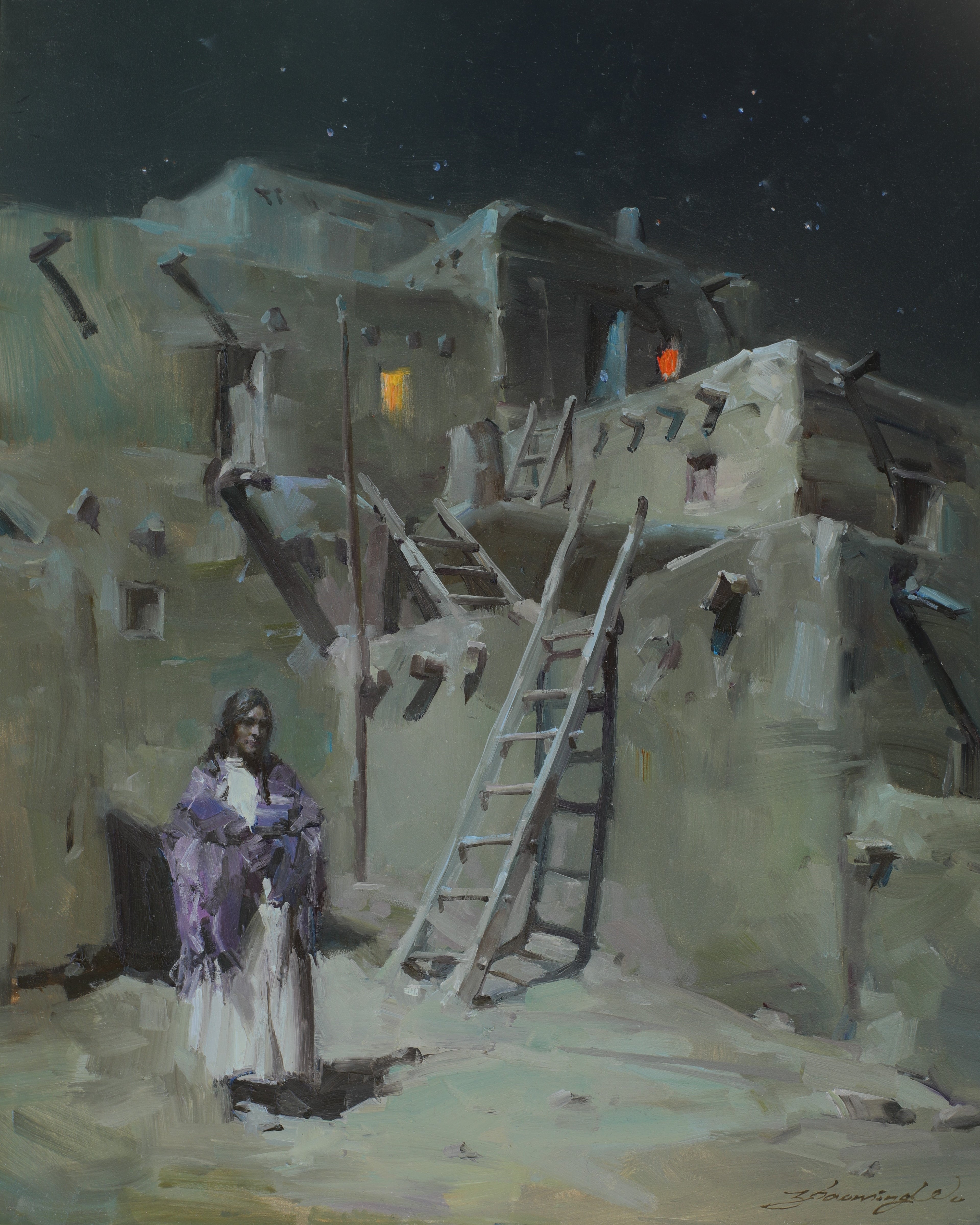 Pueblo at Moonlight by Zhaoming Wu | Oil | Sage Creek Gallery