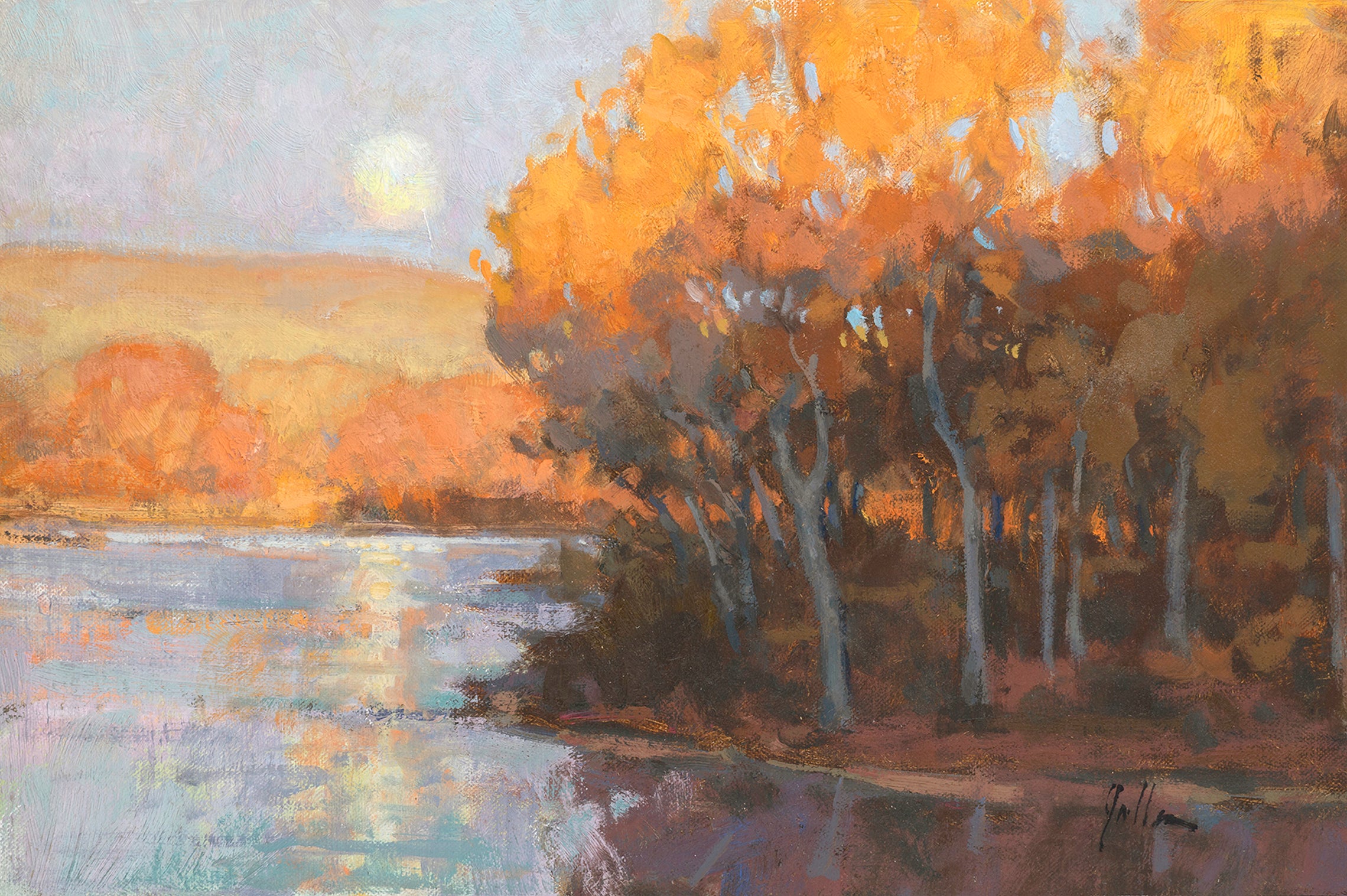 Moonset, Sunrise in the Bosque by Bill Gallen | Oil | Sage Creek Gallery